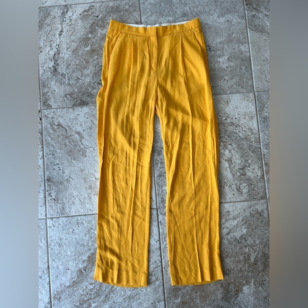 Marimekko Nea Crepe Pleated Relaxed Fit Straight Leg Trouser Pants Yellow, sz 36